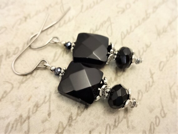 Chunky Black Onyx Earrings, Black Gemstone Jewelry, Gift for Mom, Gift for Wife, Square Stone Dangle Earrings