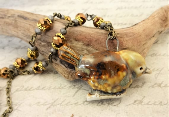 Ceramic Bird Necklace and Earring Set, Earthy Ceramic and Stone Jewelry, Brown Bird Necklace, Gift for Bird Lovers