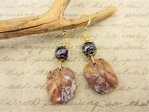 Sonora Dendritic Rhyolite Earrings: Gold Wire Wrapped Jasper Jewelry