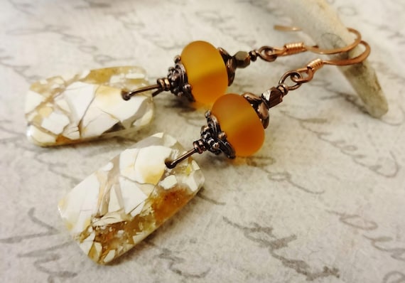 Breciated Mookaite Jasper Earrings: Gold Lampwork Glass, 14k Gold Fill