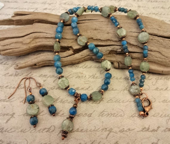 Apatite and Green Kyanite Gemstone Necklace and Earrings with Copper Accents, Gift for Her, Colorful Jewelry