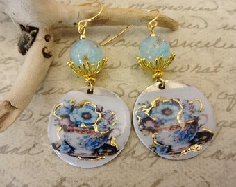 Rustic Handmade Resin and Lampwork Glass Earrings: Blue White Teacups