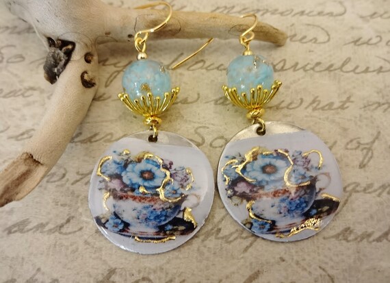Rustic Handmade Resin and Lampwork Glass Earrings: Blue White Teacups
