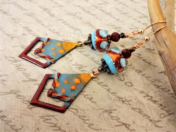 Artisan Enamel Earrings, One of a Kind Enamel Earrings in Maroon Gold and Blue-Gray, Gift for Her