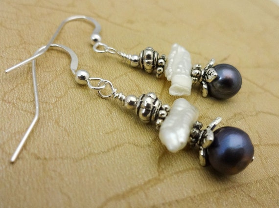 Biwa and Peacock Pearl Earrings: Sterling Silver Wire Dangle