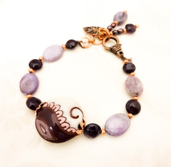 Charoite Amethyst and Ceramic Bracelet, Golem Studio Ceramic, Purple Gemstone Bracelet, February Birthstone Jewelry