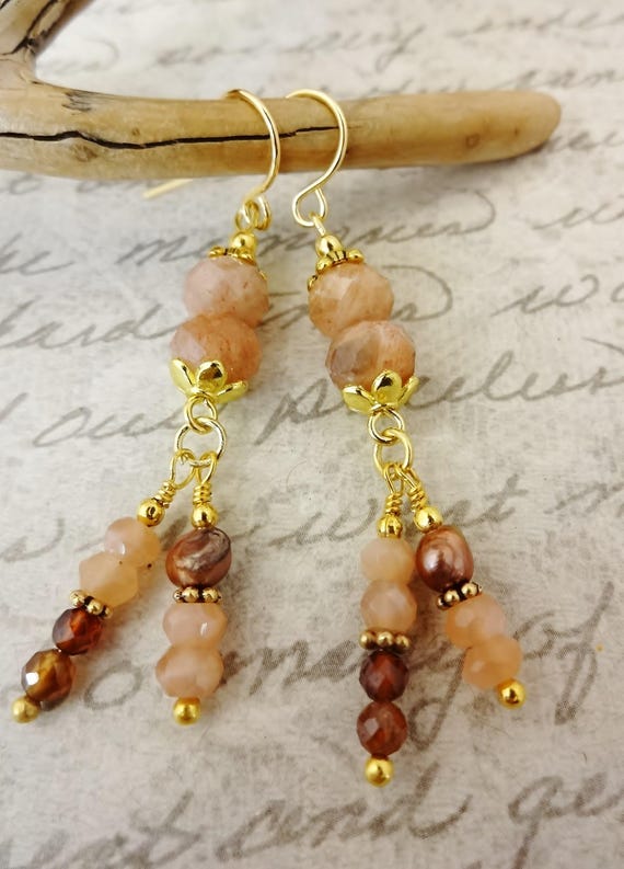 Peach Moonstone Dangle Earrings: Pearl and Garnet Gemstone Jewelry