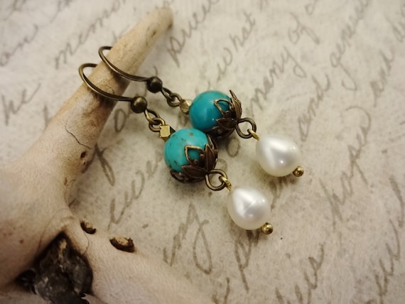 Turquoise and Pearl Earrings with Antique Brass Metals, Rustic Boho Earrings, Gift for Her