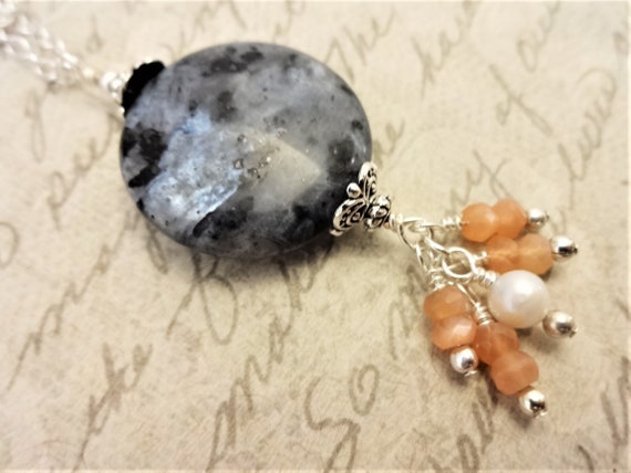 Larvikite Peach Moonstone and Pearl Pendant on Silver Chain, Pendant Necklace with Norwegian Moonstone aka Black Labradorite