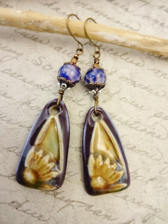 Bohemian Purple and Beige Ceramic Flower Earrings: Lampwork Glass