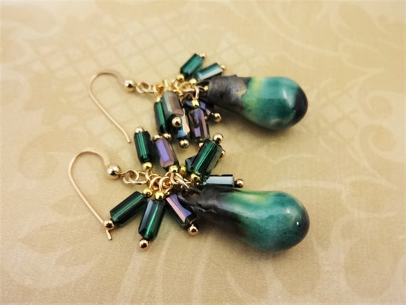 Green Porcelain and Glass Earrings; Cluster Earrings with Artisan Porcelain Bobbles. One of a Kind Earrings