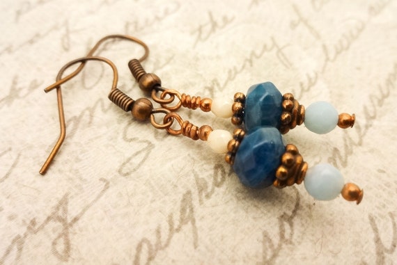 Blue Apatite Gemstone Earrings, Blue Stone Earrings, Blue Gemstone Jewelry, Copper and Blue Stone Earrings, Gift for Her