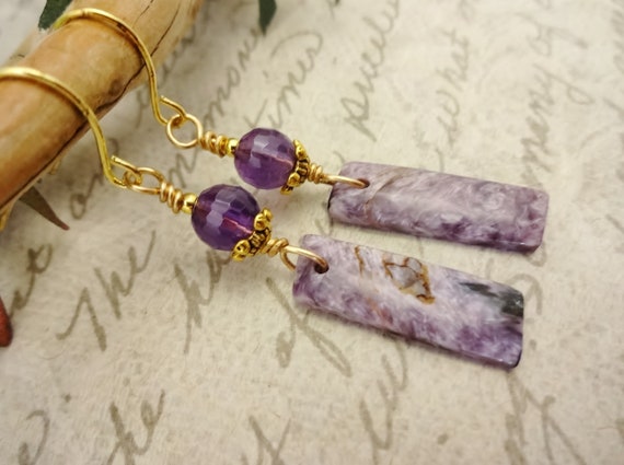 Designer Charoite and Amethyst Dangle Earrings: Gold Plated