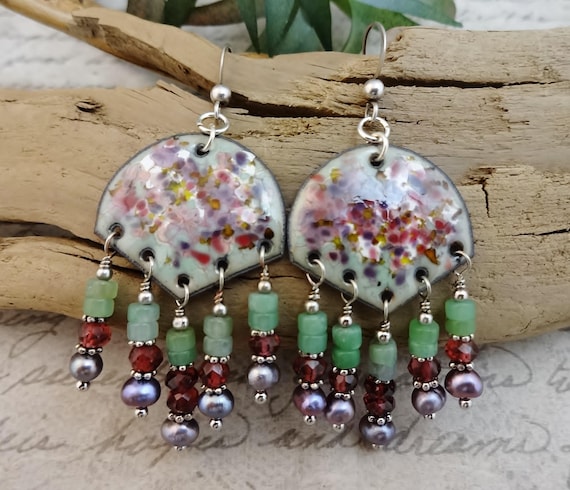 French Enamel Dangle Earrings: Chrysoprase, Garnet, Pearl, Sterling Silver