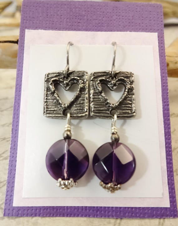 Amethyst and Artisan Pewter Heart Earrings: February Birthstone