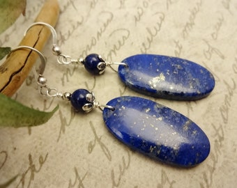 Lapis Lazuli Gemstone Earrings: Long Oval, Silver Plated