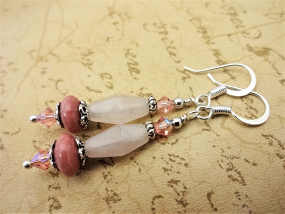 Rose Quartz and Rhodonite Earrings, Pink Gemstone and Crystal Earrings, Pink Gemstone Jewelry, Gift for Her