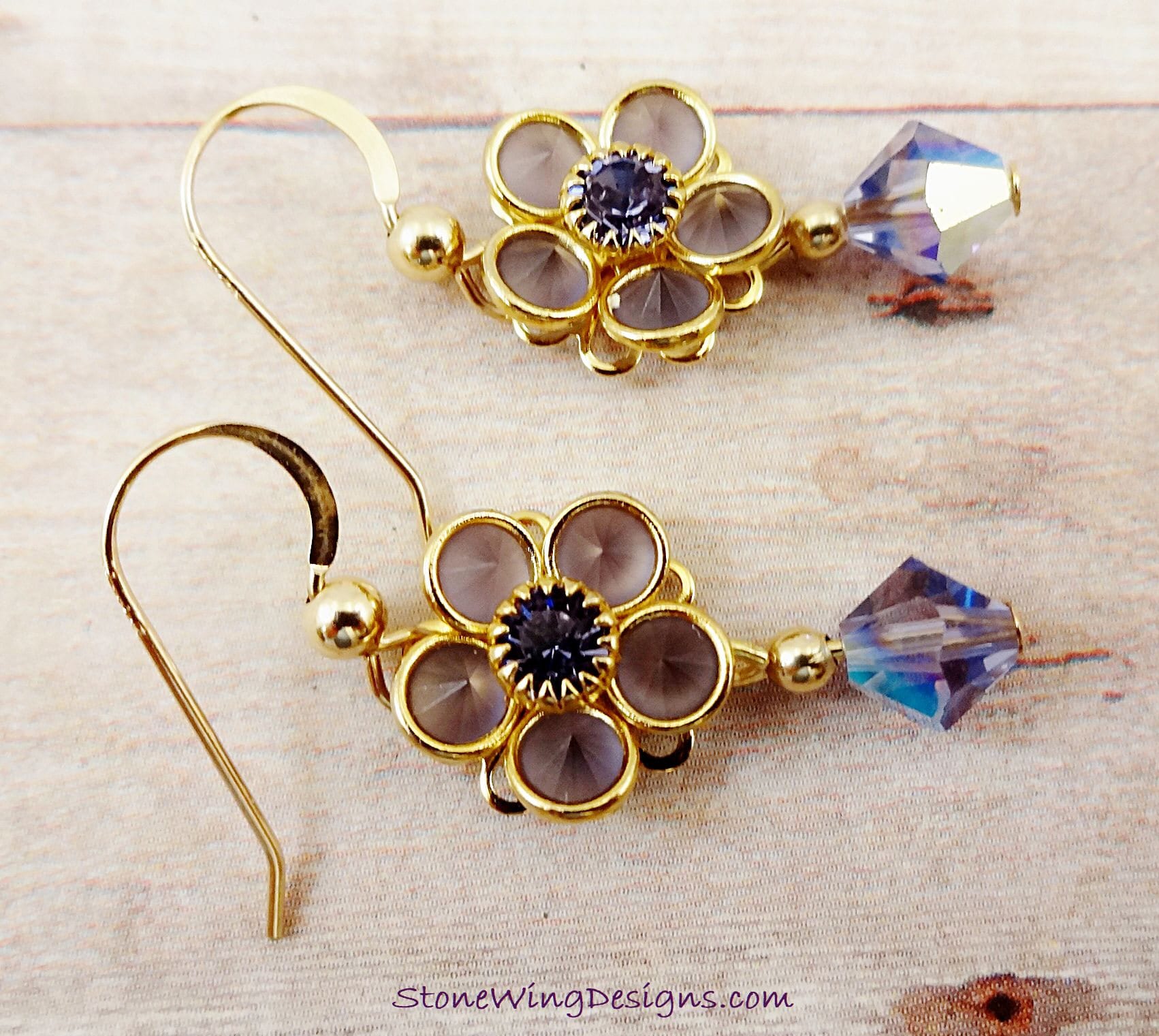 Swarovski Crystal Flower Earrings in Gold and Tanzanite