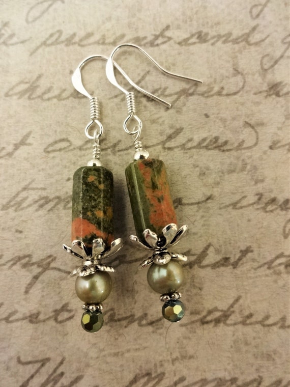 Unakite, Pearl and Crystal Earrings, Green Gemstone Earrings, Green and Orange Gemstone Earrings, Gift for Her