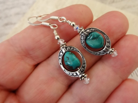 Turquoise and Swarovski Crystal Earrings, Turquoise Earrings, Real Turquoise, Rustic Boho Earrings, Gift for Her