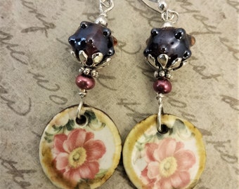 Boho Flower Earrings: Ceramic, Lamp Glass & Pearl, Sterling Silver
