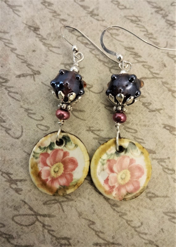 Boho Flower Earrings: Ceramic, Lamp Glass & Pearl, Sterling Silver