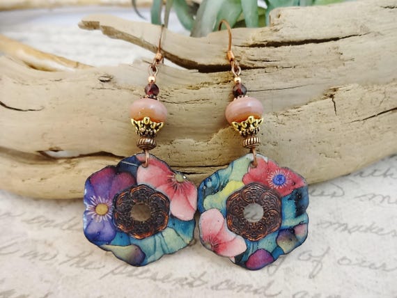 Artisan Enamel Earrings: Lampwork Glass and Garnet, Pink Purple Blue-Green