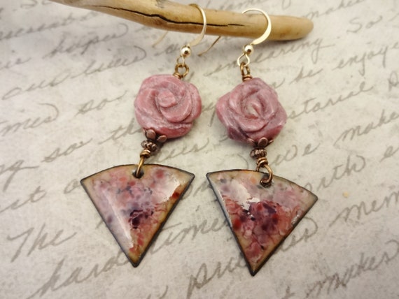 Artisan Enamel Earrings, Rhodonite Rose Earrings, French Enamels, One of a Kind Handmade Earrings, Gift for Her