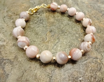 Pink Opal Gemstone Bracelet: October Birthstone, Gold Accents