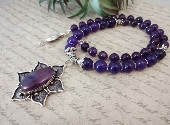 Amethyst Gemstones and Pendant Necklace for Her, February Birthstone, Birthday Gift for Her