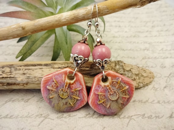 Pink Artisan Ceramic and Rhodonite Earrings, Long Bohemian Earrings, Ship's Wheel Earrings, Nautical Boho Majoyoal Ceramic