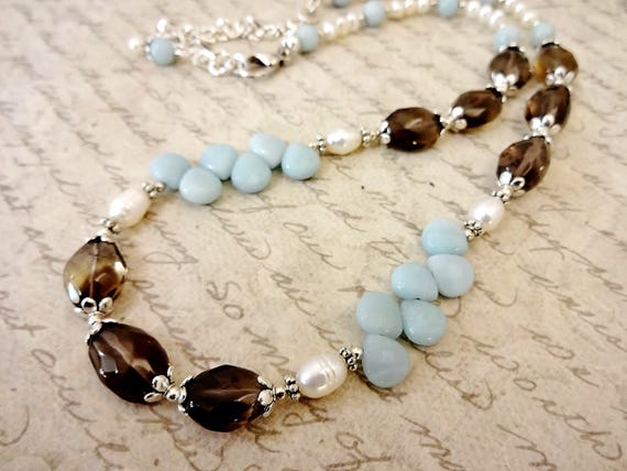 Amazonite, Smoky Quartz and White Pearls Necklace, Gemstone and Pearls Necklace, Gift for Her, Aqua White Brown