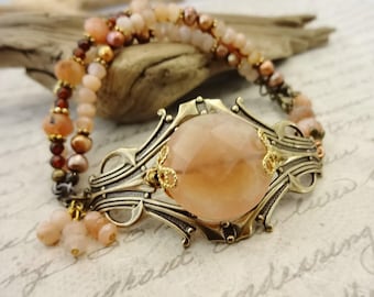 Peach Moonstone Bracelet: Antique Brass Filigree, Victorian Style Gemstone Jewelry