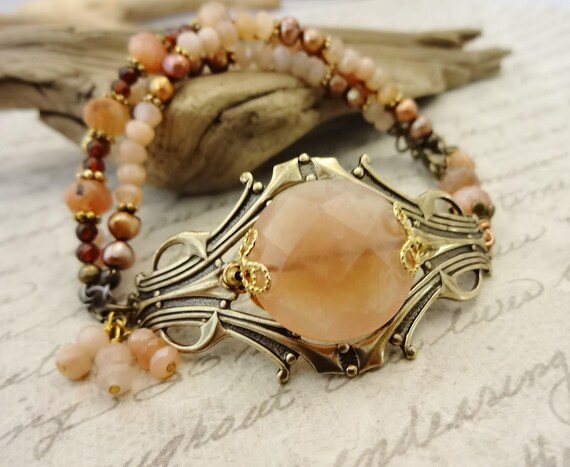 Peach Moonstone Bracelet: Antique Brass Filigree, Victorian Style Gemstone Jewelry
