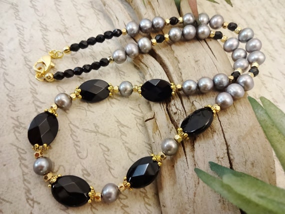 Black and Gray Gemstone and Pearl Necklace, Black Onyx Jewelry, Black Gemstone and Gray Pearls, Gift for Her