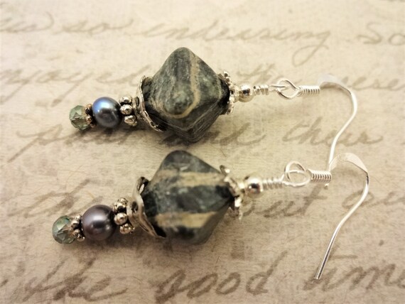 Zebra Jasper, Pearl and Crystal Earrings, Green Zebra Jasper Gemstone Earrings, Gift for Her