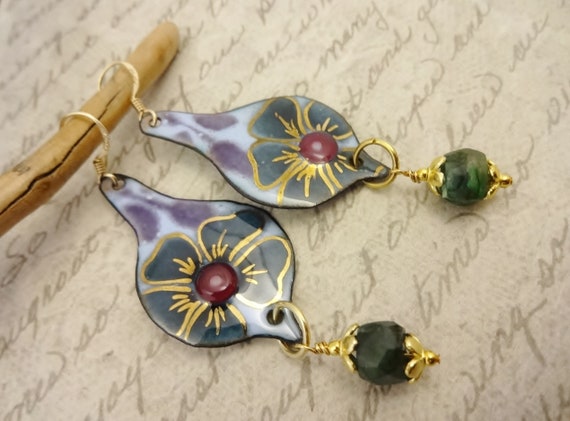 Green Purple and Lavender Artisan Enamel Flower Earrings, Artisan Handmade Earrings, Gift for Her, Real Gold Accented Enamel