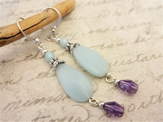 Amazonite Teardrop Earrings with Amethyst and Sterling Silver, Aqua Gemstone Earrings, Light Blue Jewelry, Gift for Her