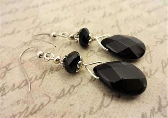 Black Onyx Dangle Earrings, Black Earrings with Sterling Silver Ear Wires, Unique Black Onyx Jewelry, Gift for Mom