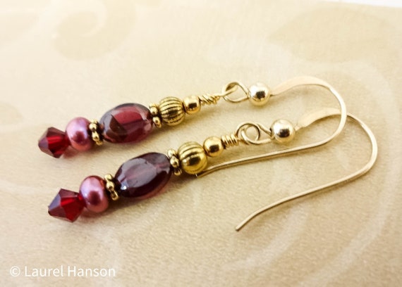 Garnet, Pearl and Crystal Earrings, Garnet and 14K Gold Fill Earrings, January Birthstone, Gift for Her