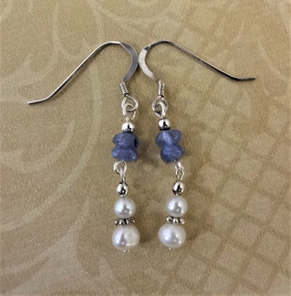 Tanzanite and White Pearl Earrings, Pearls and Gemstone Earrings, White Freshwater Pearl and Tanzanite Earrings, Mothers Day Gift