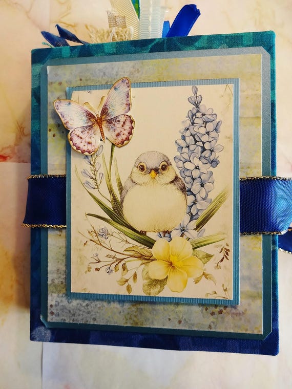 Blue Birds Junk Journal, Gorgeous Handmade Journal with pockets, tuck spots, belly bands, ephemera for journaling and keepsakes