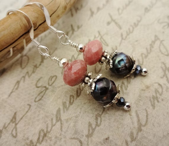 Rhodonite & Peacock Pearl Earrings: Rose Pink and Dark Gray