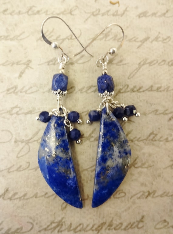 Natural Lapis Lazuli Gemstone Earrings, Long Gemstone Cascade Earrings, Gift for Her, Gift for Mom