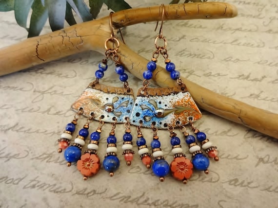 Rustic Red White and Blue Enamel Earrings, One of a Kind Artisan Handmade Earrings, Chandelier Earrings, French Enamel