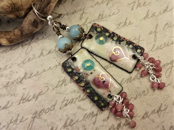 French Artisan Enamels Amazonite and Pink Tourmaline Earrings, Blue Green and Pink Gemstone Earrings, Gift for Her