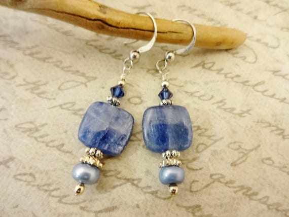 Kyanite, Crystal and Blue Pearl Earrings: Sterling Silver French Hook
