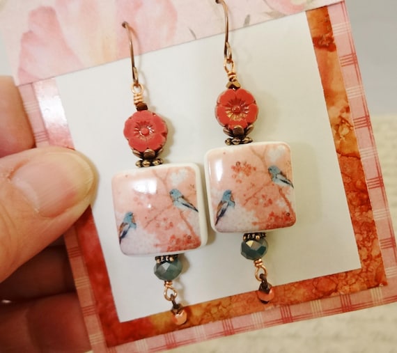 French Porcelain Birds and Czech Glass Flower Earrings in Peach Burnt Orange and Green, Bird Earrings, Gift for Her