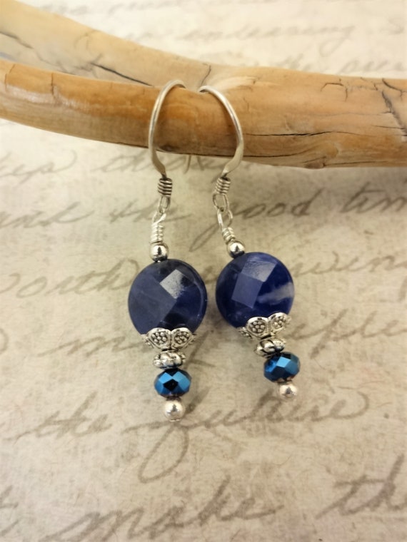 Blue Stone and Crystal Earrings, Sodalite Earrings, Everyday Earrings, Blue Gemstone Earrings