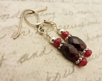 Garnet and Ruby Sterling Silver Earrings: January July Birthstone